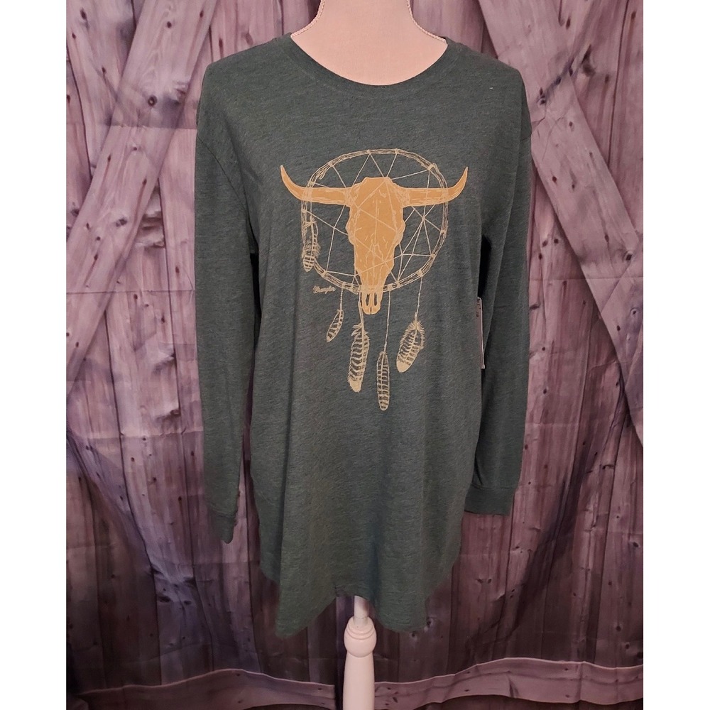 Wrangler Women's Long Sleeve Graphic T-Shirt Medium Teal‎ Skull Dreamcatcher New